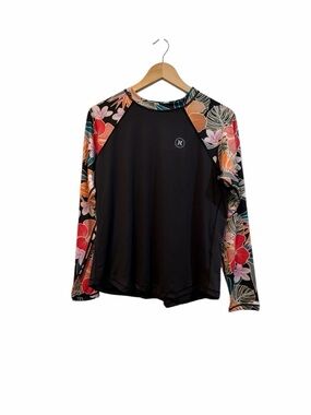 Hurley Resort Floral Rash Guard UPF 50+ Long Sleeve Swim Top Black Tropical XL